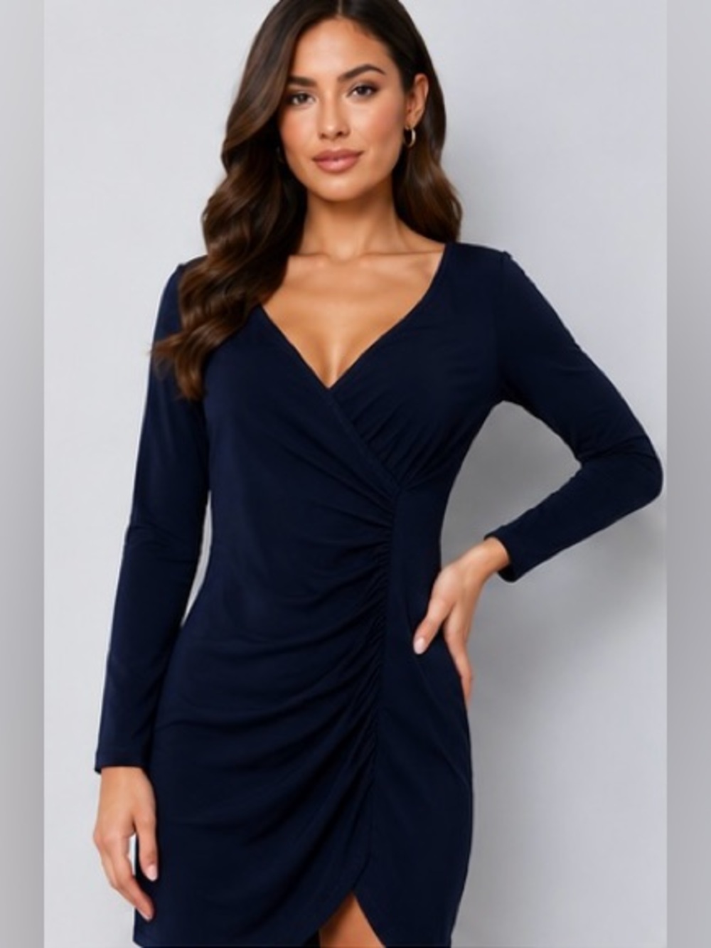 PrettyLittleThing Navy Ruched Faux Wrap Mini Dress | Long Sleeve | US 4